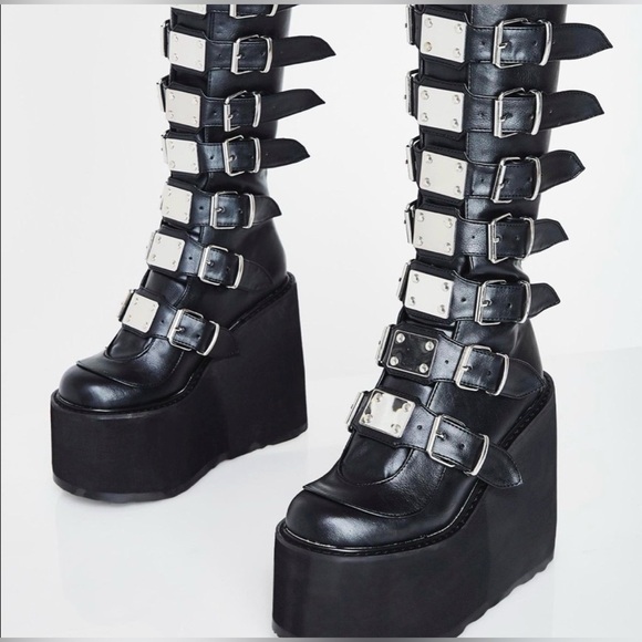 Demonia Trinity Black Platform Boots with Silver Buckles - Picture 2 of 10
